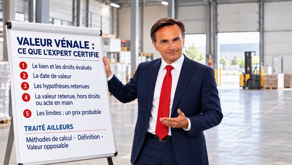 Expert immobilier présentant sur un paperboard, dans un entrepôt, les cinq éléments de la valeur vénale certifiée par une expertise : bien et droits évalués, date de valeur, hypothèses retenues, valeur retenue hors droits ou acte en main, limites, avec les méthodes de calcul, la définition et la valeur opposable traitées ailleurs