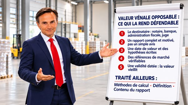 Expert immobilier présentant sur un paperboard, dans un entrepôt, ce qui rend une valeur vénale défendable : le destinataire, un rapport complet et motivé, une date de valeur et des hypothèses écrites, des références de marché vérifiables, une validité datée, avec les méthodes de calcul, la définition et le contenu du rapport traités ailleurs